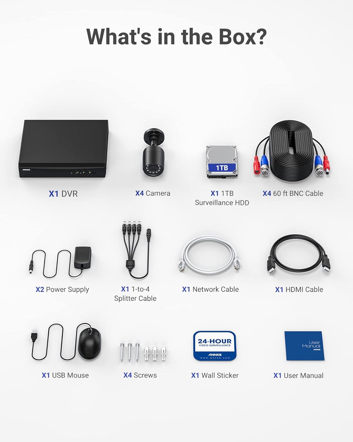 Sistema de cámaras de seguridad ANNKE 8CH H.265+ 3K Lite con detección de personas y vehículos por IA, 4 cámaras CCTV IP66 con cable de 2 MP y 1920 TVL para uso en interiores y exteriores, acceso remoto, disco duro de 1 TB incluido