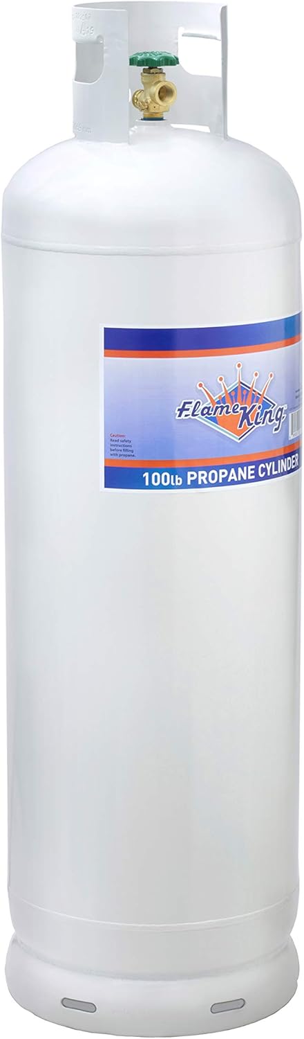 Cilindro de tanque de propano de acero de 100 libras Flame King YSN100b con válvula POL y collar, color blanco