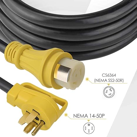 25 ft. 50 amp, heavy duty STW extension cord, 14-50P male and SS2-50R female with swivel lock, 125V/250V for RV trailer, camper, camper, motorhome