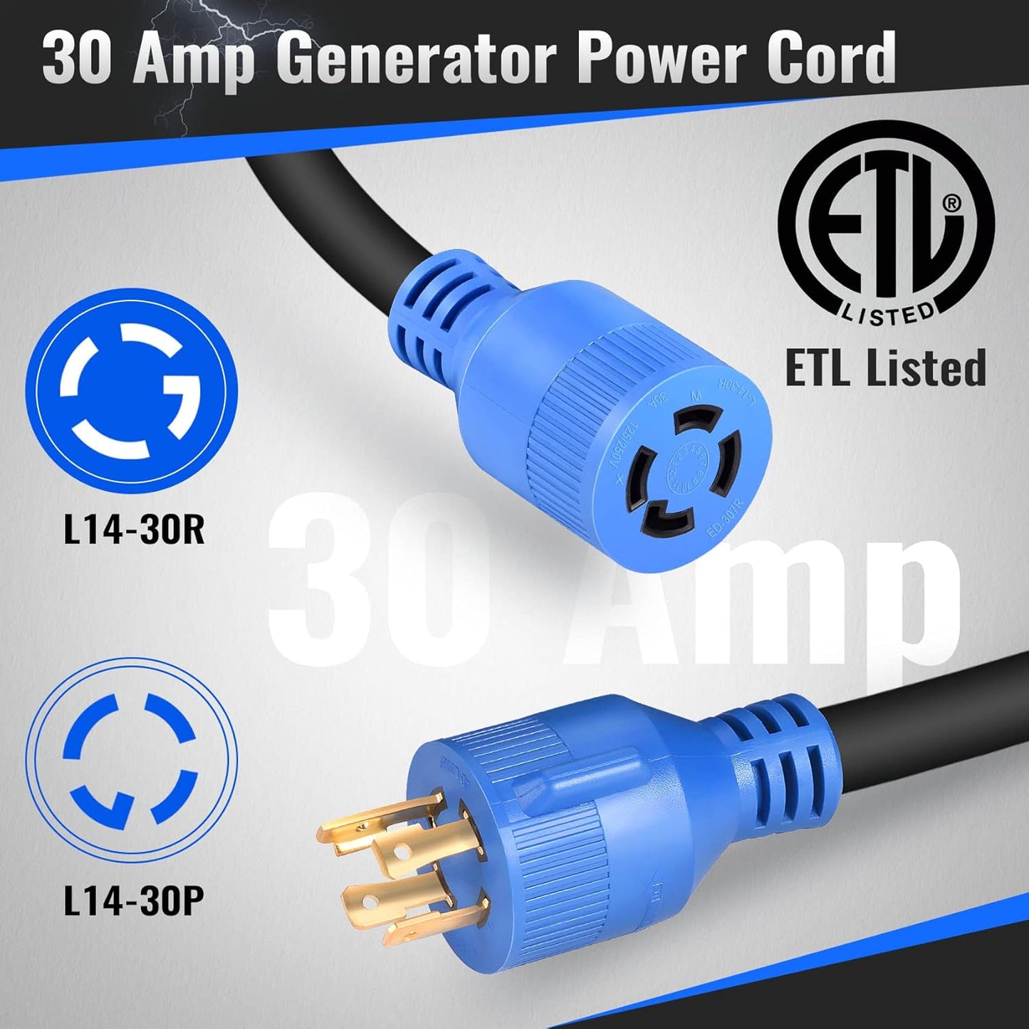 Seeutek 30 Amp Generator Extension Cord 40 Feet Generator Cable 4 Prong 125V/250V 7500W Generator Power Cord NEMA L14-30P/L14-30R with Pre-Drilled Power Inlet Box & Generator Interlock Kit, ETL Listed