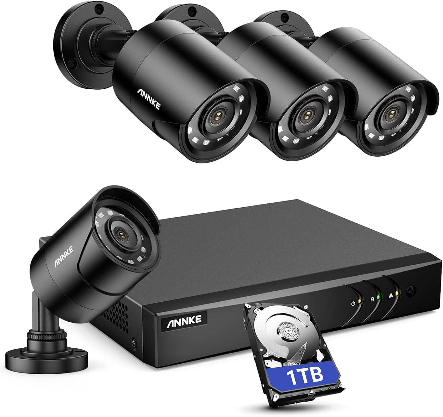 Sistema de cámaras de seguridad ANNKE 8CH H.265+ 3K Lite con detección de personas y vehículos por IA, 4 cámaras CCTV IP66 con cable de 2 MP y 1920 TVL para uso en interiores y exteriores, acceso remoto, disco duro de 1 TB incluido