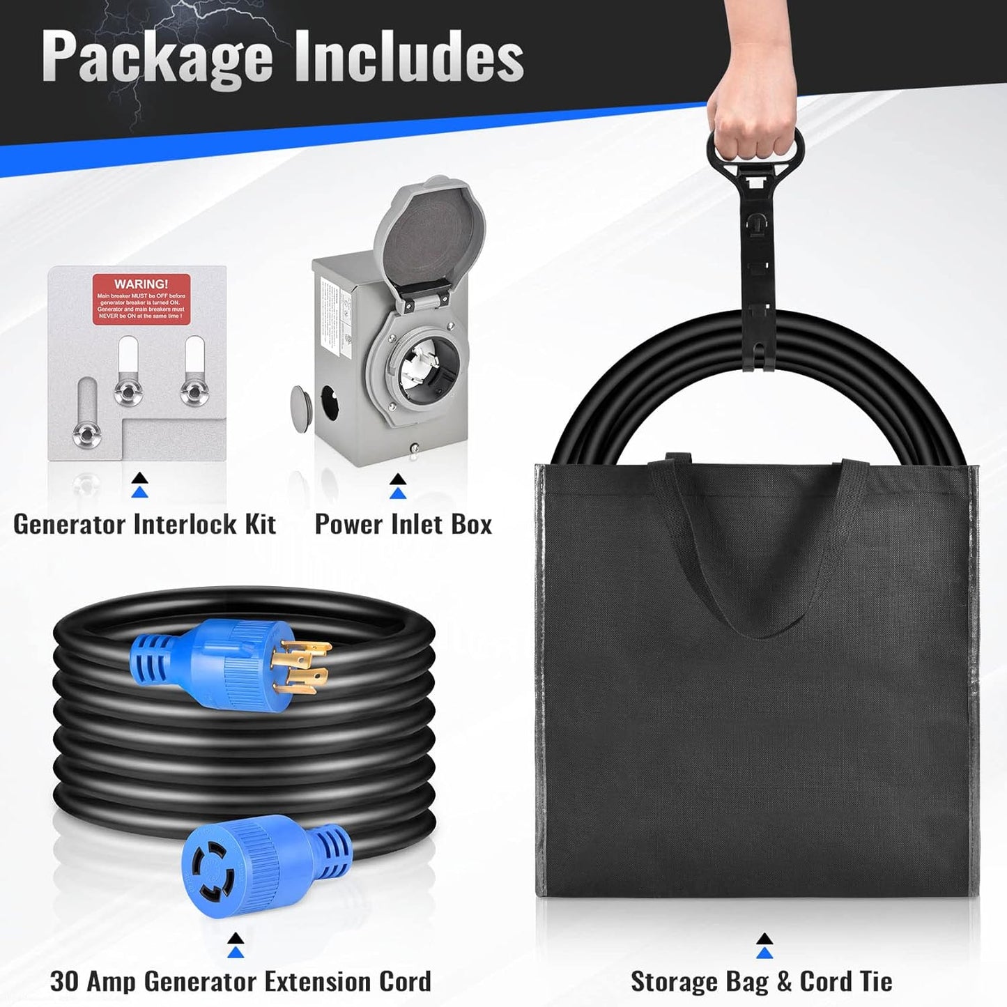 Seeutek 30 Amp Generator Extension Cord 40 Feet Generator Cable 4 Prong 125V/250V 7500W Generator Power Cord NEMA L14-30P/L14-30R with Pre-Drilled Power Inlet Box & Generator Interlock Kit, ETL Listed