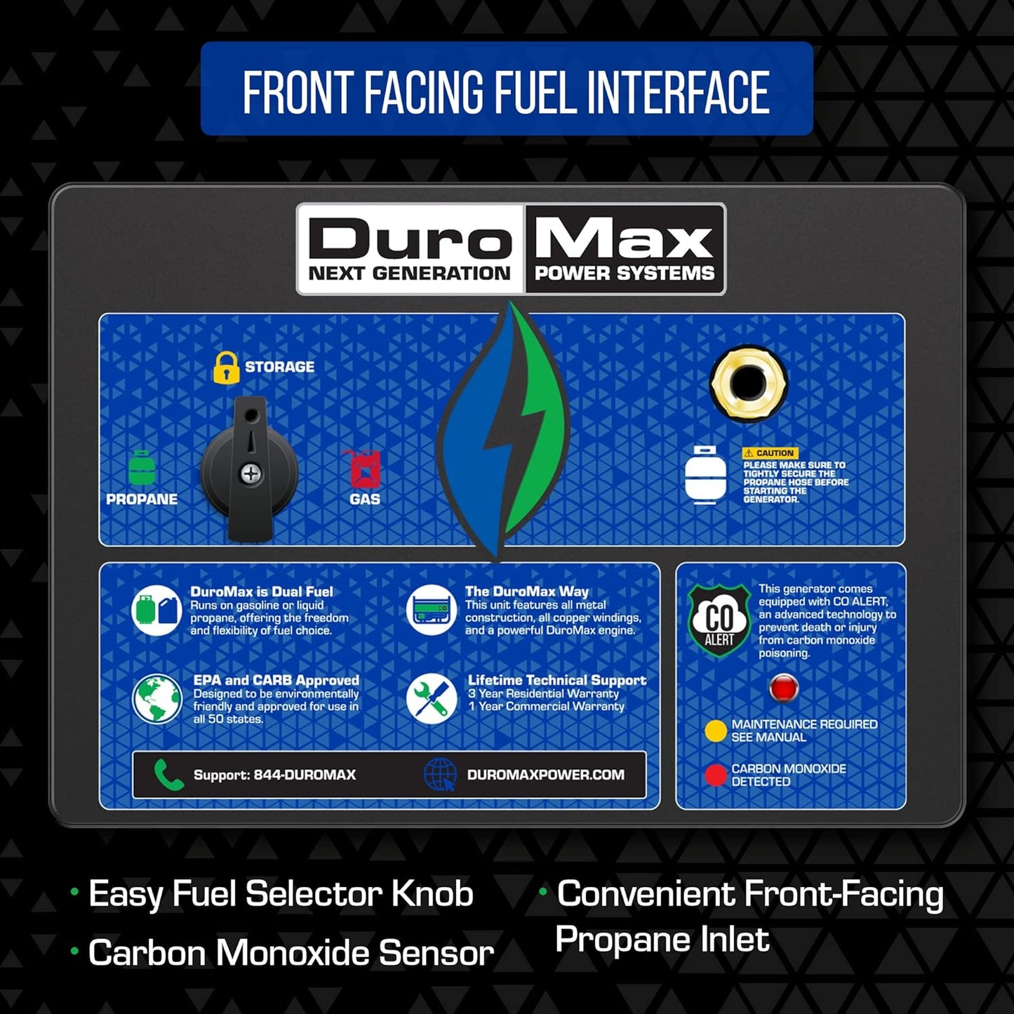 Generador portátil de combustible dual DuroMax de 5000 a 15 000 vatios, con arranque eléctrico a gas o propano y alerta de CO, aprobado en los 50 estados, color azul