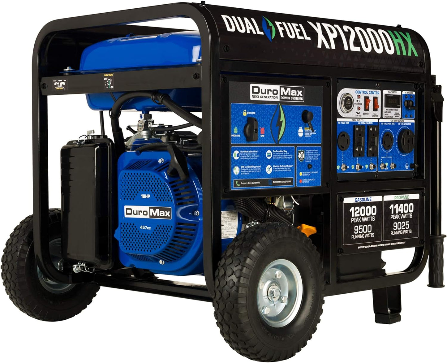 Generador portátil de combustible dual DuroMax de 5000 a 15 000 vatios, con arranque eléctrico a gas o propano y alerta de CO, aprobado en los 50 estados, color azul