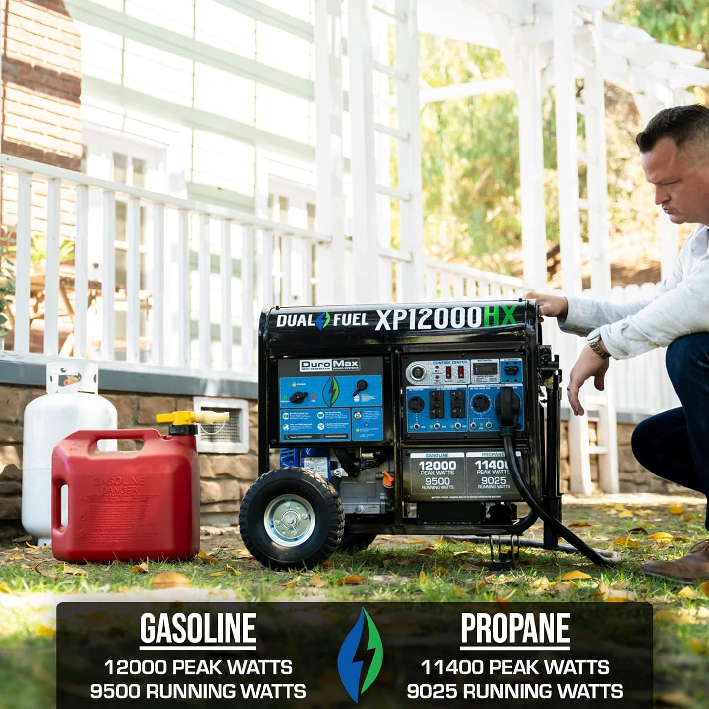Generador portátil de combustible dual DuroMax de 5000 a 15 000 vatios, con arranque eléctrico a gas o propano y alerta de CO, aprobado en los 50 estados, color azul