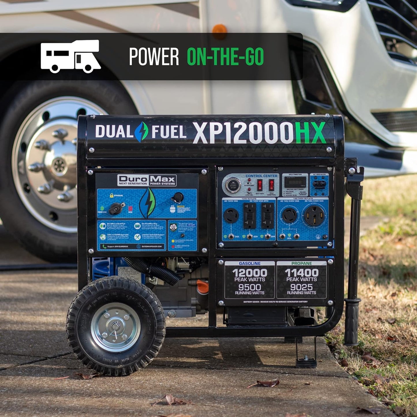 Generador portátil de combustible dual DuroMax de 5000 a 15 000 vatios, con arranque eléctrico a gas o propano y alerta de CO, aprobado en los 50 estados, color azul