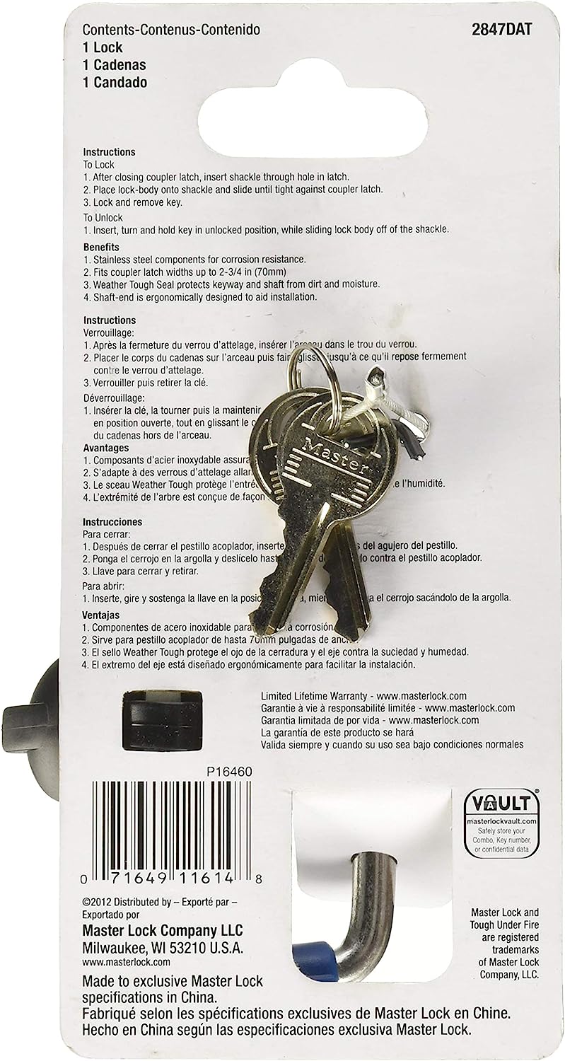 Master Lock Trailer Lock, Stainless Steel Adjustable Coupler Latch Lock, 2847DAT