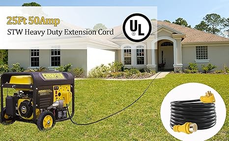 25 ft. 50 amp, heavy duty STW extension cord, 14-50P male and SS2-50R female with swivel lock, 125V/250V for RV trailer, camper, camper, motorhome