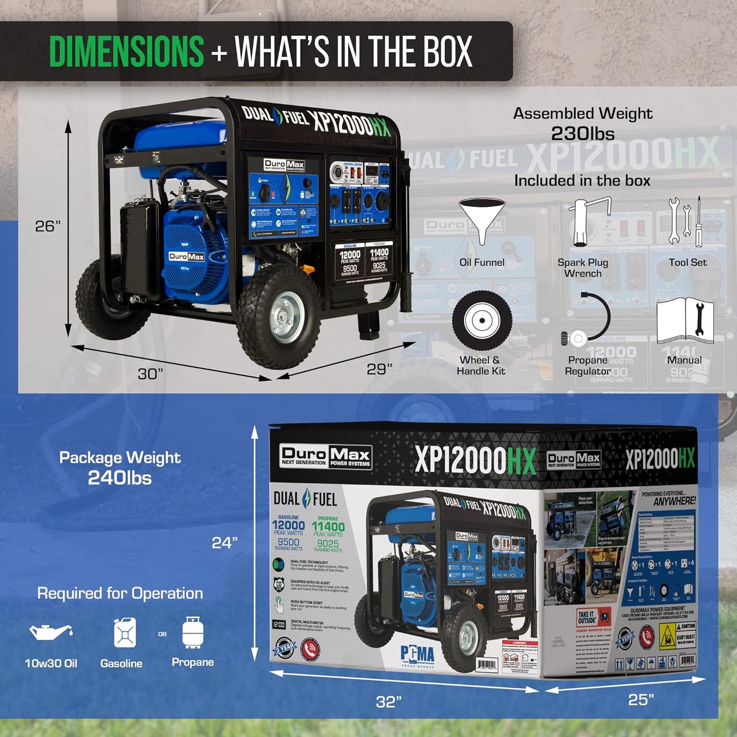 Generador portátil de combustible dual DuroMax de 5000 a 15 000 vatios, con arranque eléctrico a gas o propano y alerta de CO, aprobado en los 50 estados, color azul
