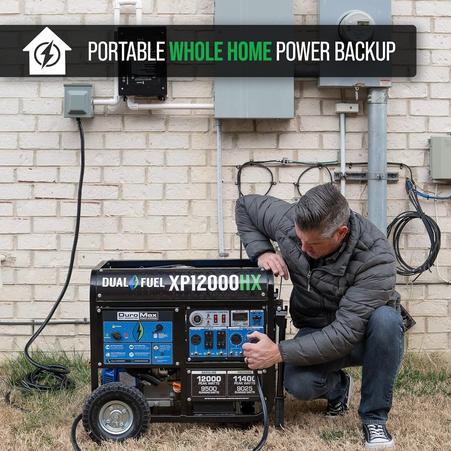 Generador portátil de combustible dual DuroMax de 5000 a 15 000 vatios, con arranque eléctrico a gas o propano y alerta de CO, aprobado en los 50 estados, color azul