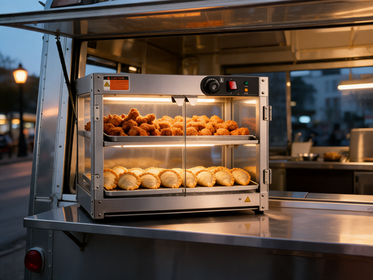 Vitrina calentadora con producto en la ventana de un food trailer
