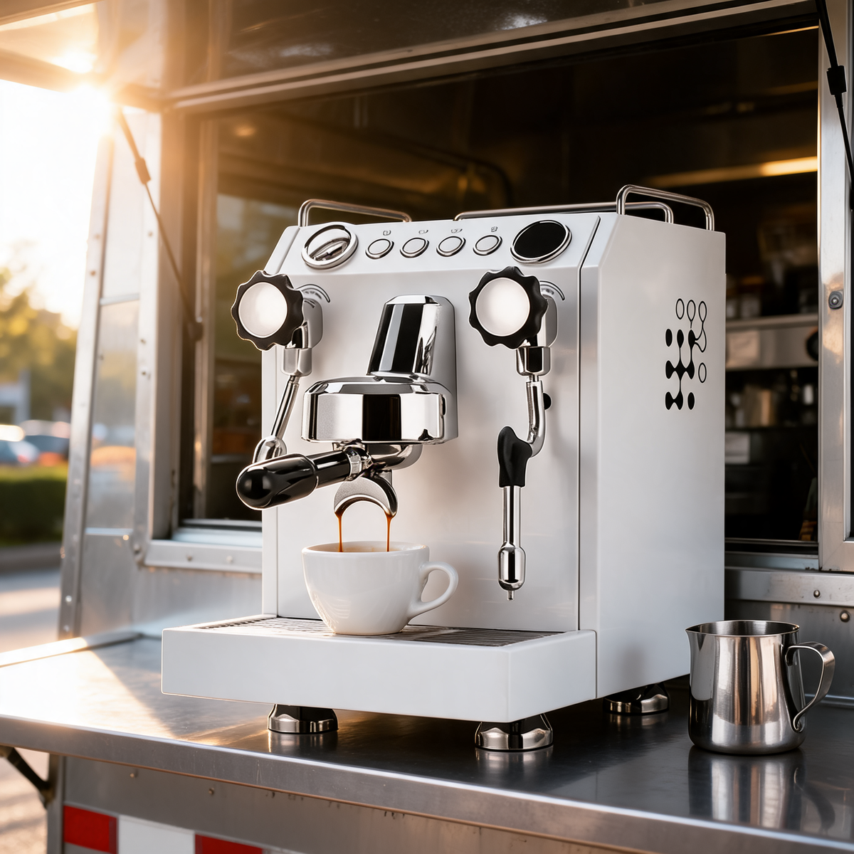 Maquina de espresso comercial en el mostrador de un food trailer
