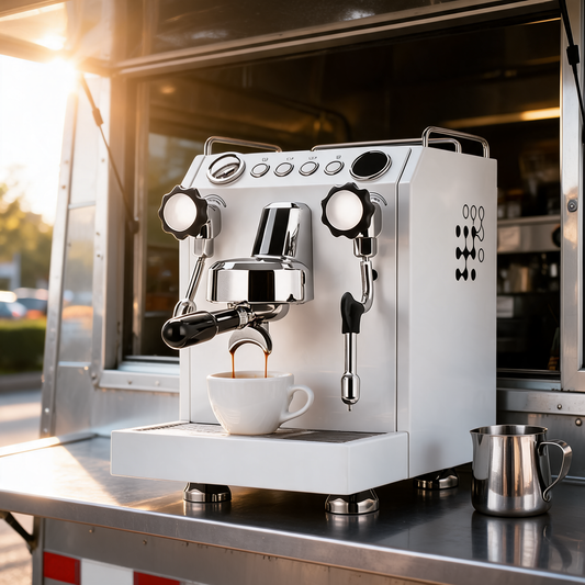 Maquina de espresso comercial en el mostrador de un food trailer