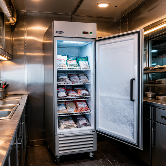Congelador comercial vertical abierto dentro de un food trailer