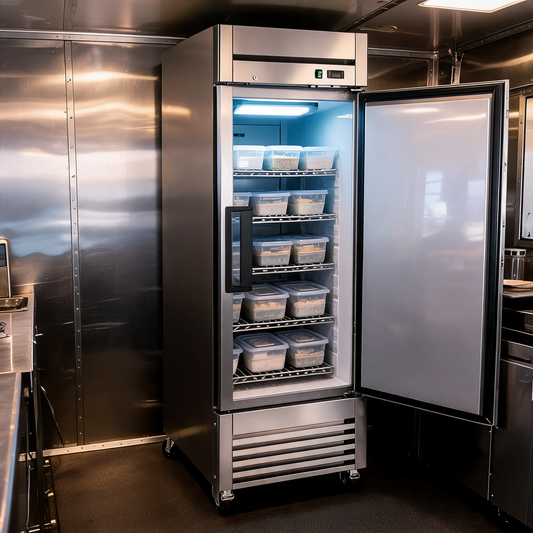 Refrigerador comercial con termostato digital en un food trailer