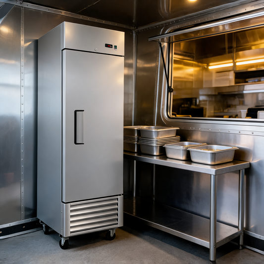 Refrigerador comercial vertical dentro de un food trailer
