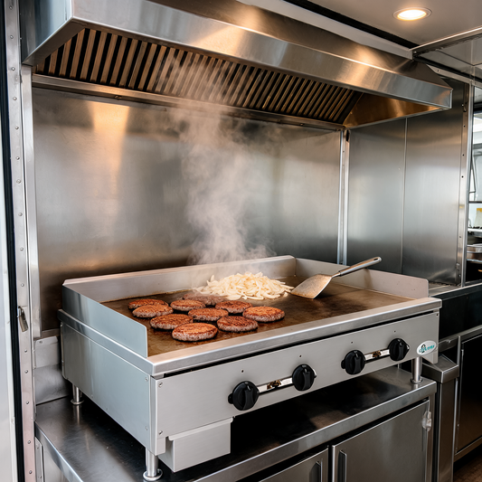 Plancha comercial de gas de 48 pulgadas en uso dentro de un food trailer