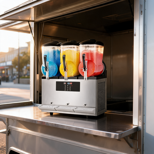 Maquina de raspados de 3 tanques en la ventana de un food trailer