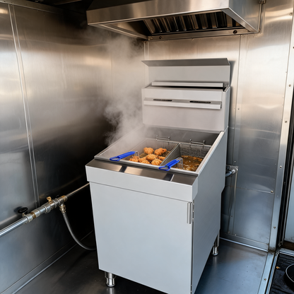 Freidora de gas de 5 quemadores a propano en un food trailer