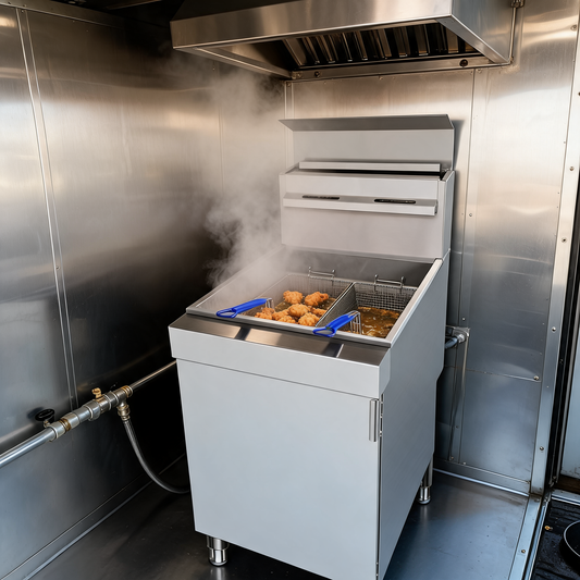 Freidora de gas de 5 quemadores a propano en un food trailer