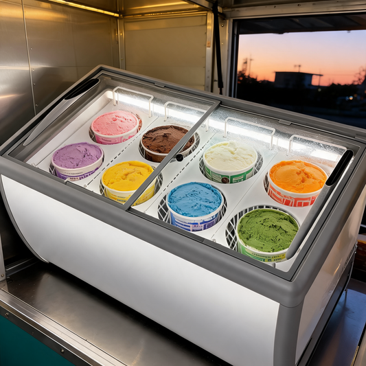 Congelador exhibidor para helado dentro de un food trailer