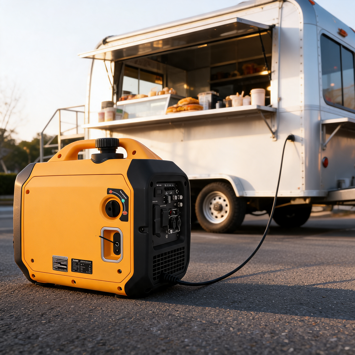 Generador inverter de 3500 W junto a un food trailer