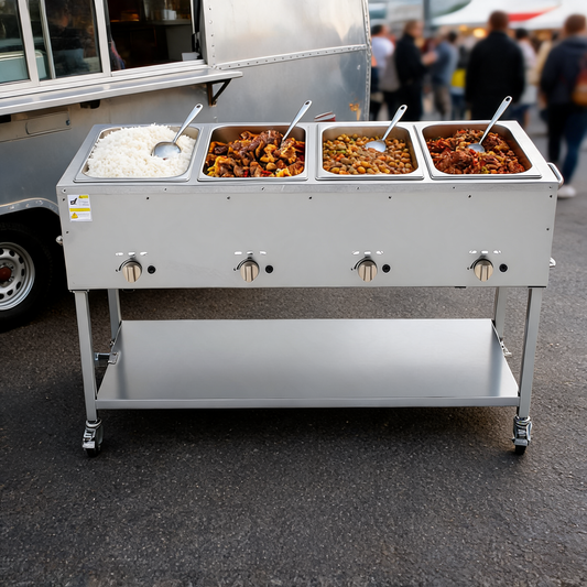 Mesa caliente de propano de 4 charolas en un evento