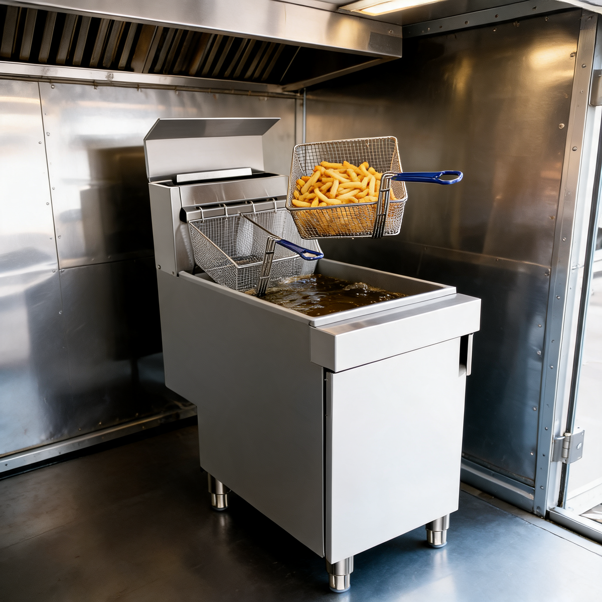 Freidora de gas de 4 quemadores en un food trailer