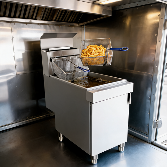 Freidora de gas de 4 quemadores en un food trailer
