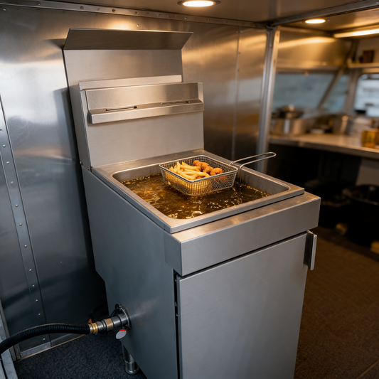 Freidora de gas de 4 quemadores a propano en un food trailer