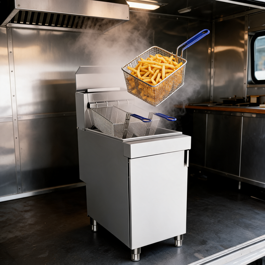 Freidora de gas de 3 quemadores en un food trailer