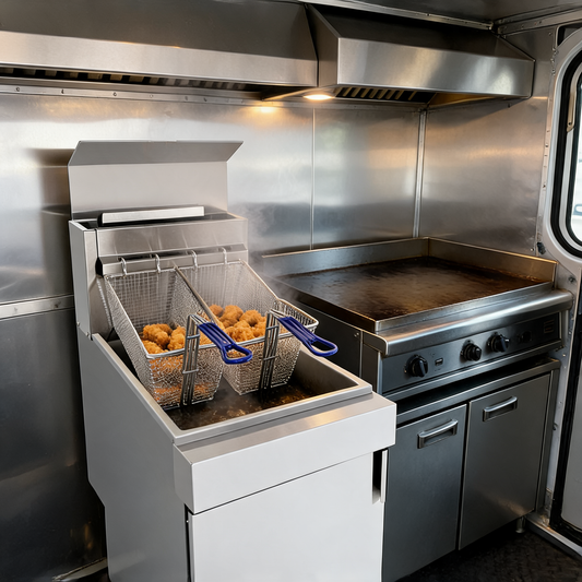 Freidora de gas de 3 quemadores a propano en un food trailer