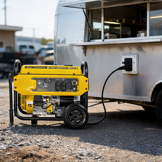 Generador portatil de 9625 W junto a un food trailer