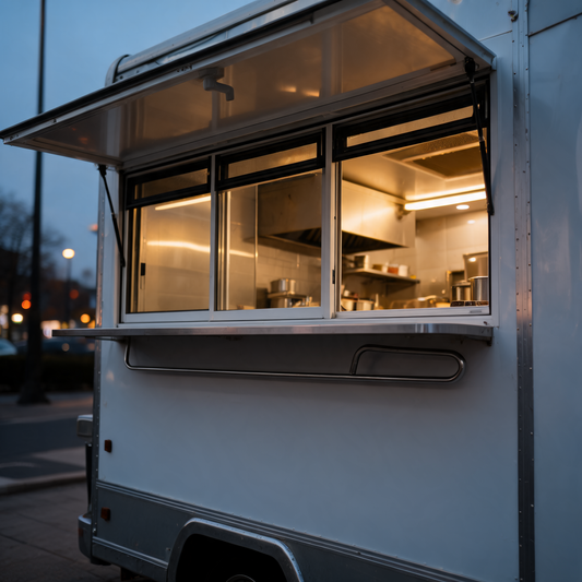 Ventana de servicio de 60 pulgadas abierta en un food trailer