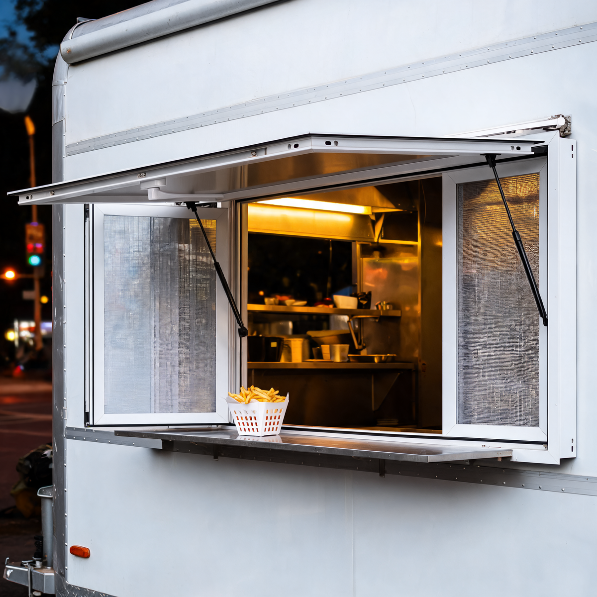 Ventana de servicio de aluminio abierta en un food trailer