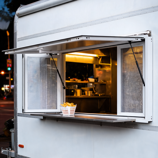 Ventana de servicio de aluminio abierta en un food trailer