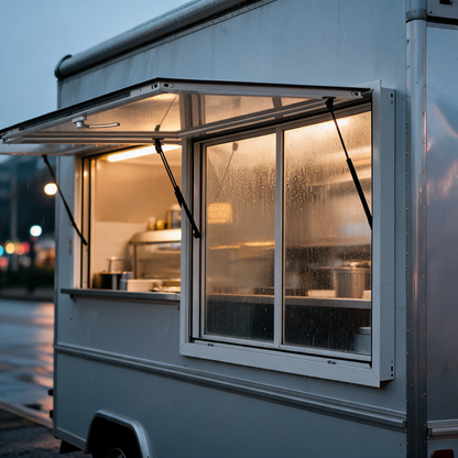 Ventana de servicio con paneles de acrilico en un food trailer