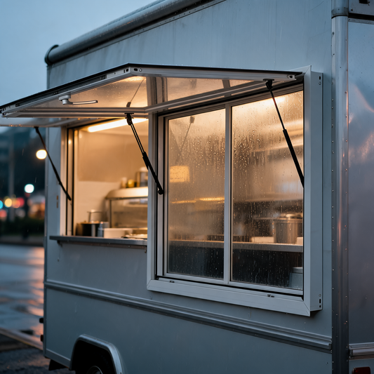 Ventana de servicio con paneles de acrilico en un food trailer