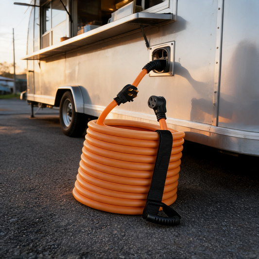 Extension electrica de 50 A conectada a un food trailer