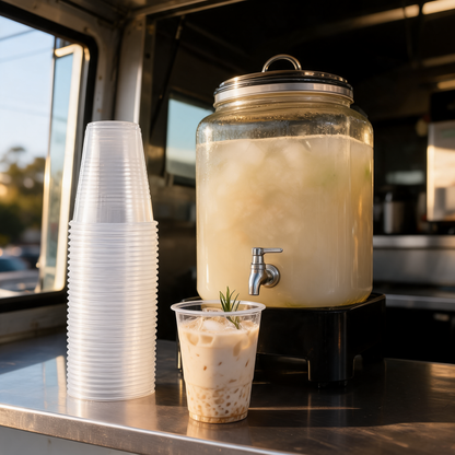 Vasos desechables de 12 oz en la barra de bebidas de un food trailer