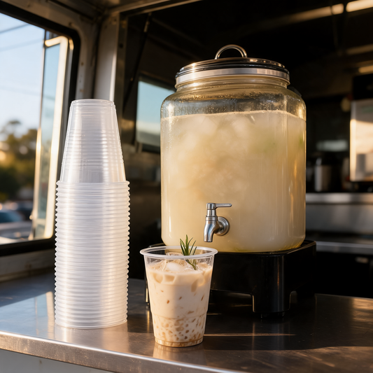 Vasos desechables de 12 oz en la barra de bebidas de un food trailer