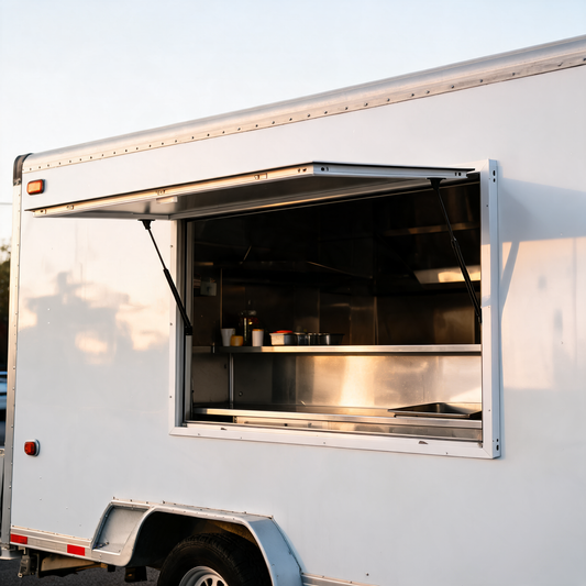 Ventana de servicio con puerta toldo abierta en un food trailer