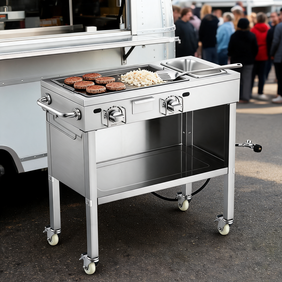 Plancha de gas propano con carrito junto a un food trailer