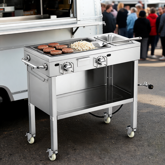 Plancha de gas propano con carrito junto a un food trailer