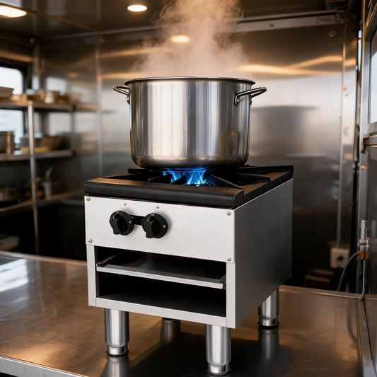 Hornilla de gas de alto BTU con olla en un food trailer