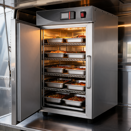 Gabinete calentador de 5 niveles en un food trailer