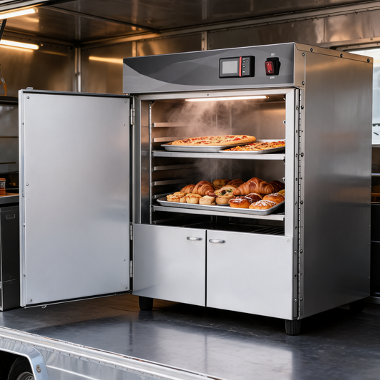 Gabinete calentador de doble puerta en un food trailer