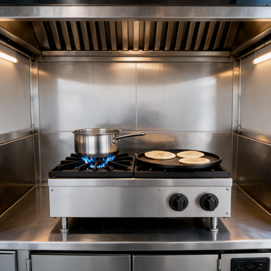Parrilla de gas de 2 quemadores en uso en un food trailer