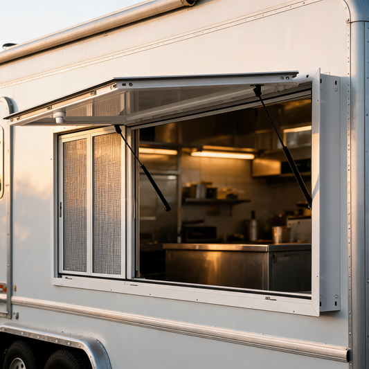 Ventana de servicio con mosquiteros corredizos en un food trailer