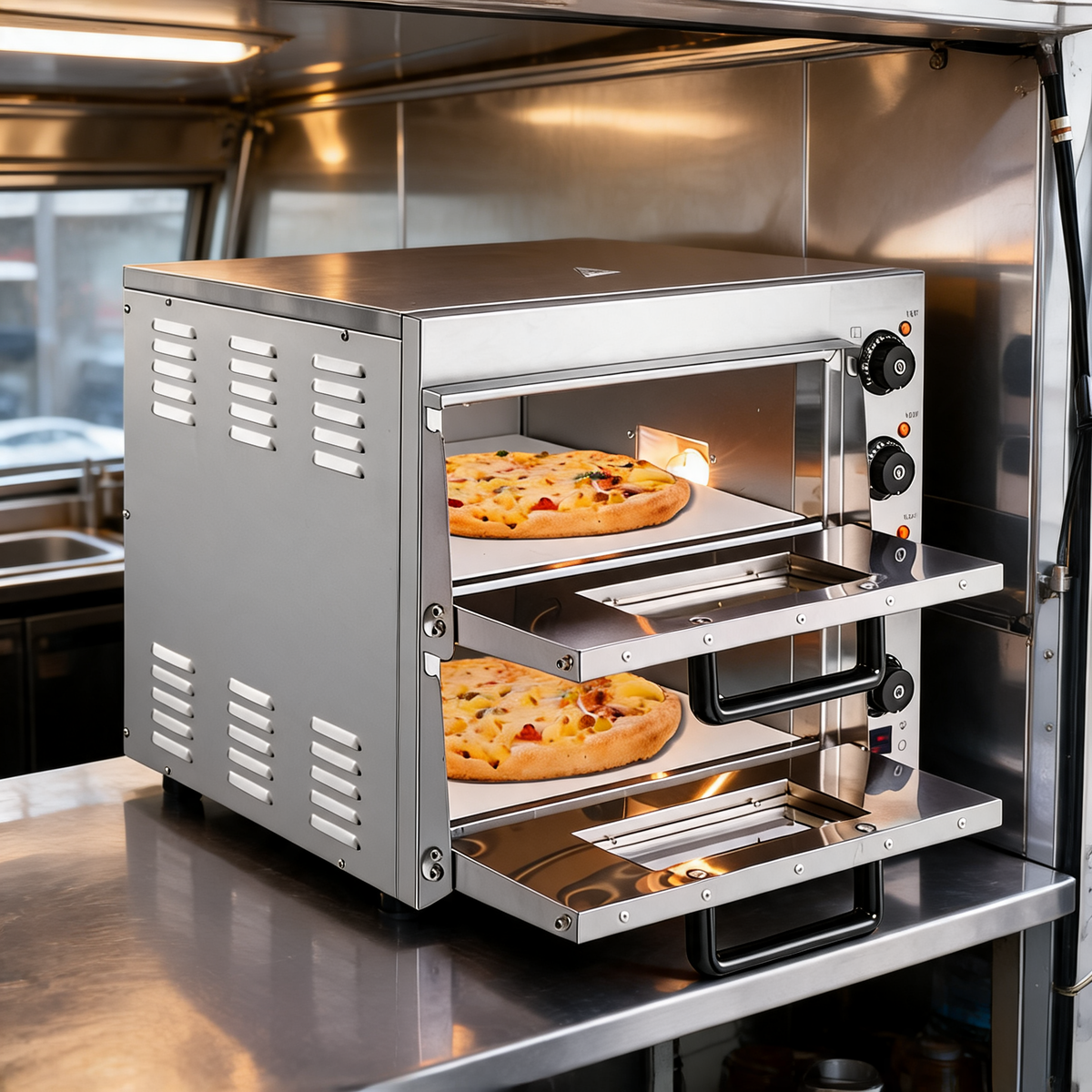 Horno de pizza de doble camara en un food trailer